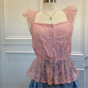 Womens Pink Lace Peplum Top fairy whimsy girly Twee